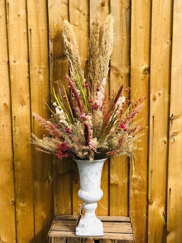 Pink Dried Flower Urn Arrangement buy online or call 0161 483 3923