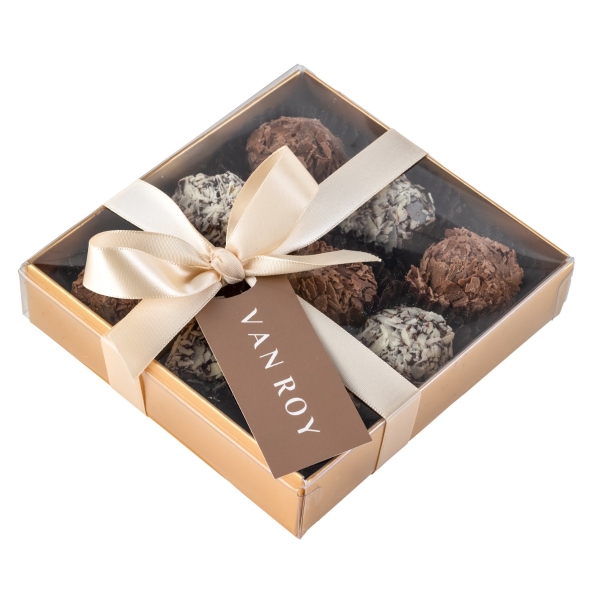 9 flaked truffles in gold gift box with clear lid & ribbon