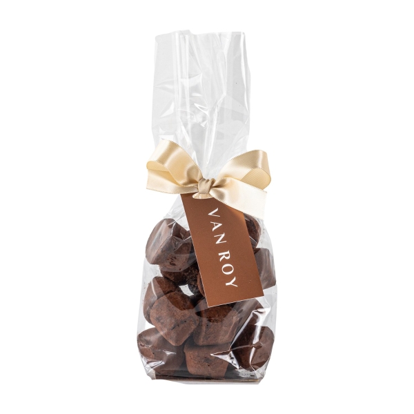 Cocoa dusted salted caramel truffles in gift bag with ribbon