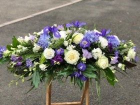 Seasonal Purple & White Coffin Spray